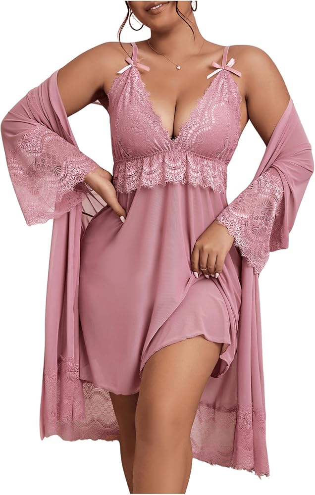 GORGLITTER Women's Plus 2 Piece Robe Pajamas Set Lace Cami Nightgown and Robes Nightwear