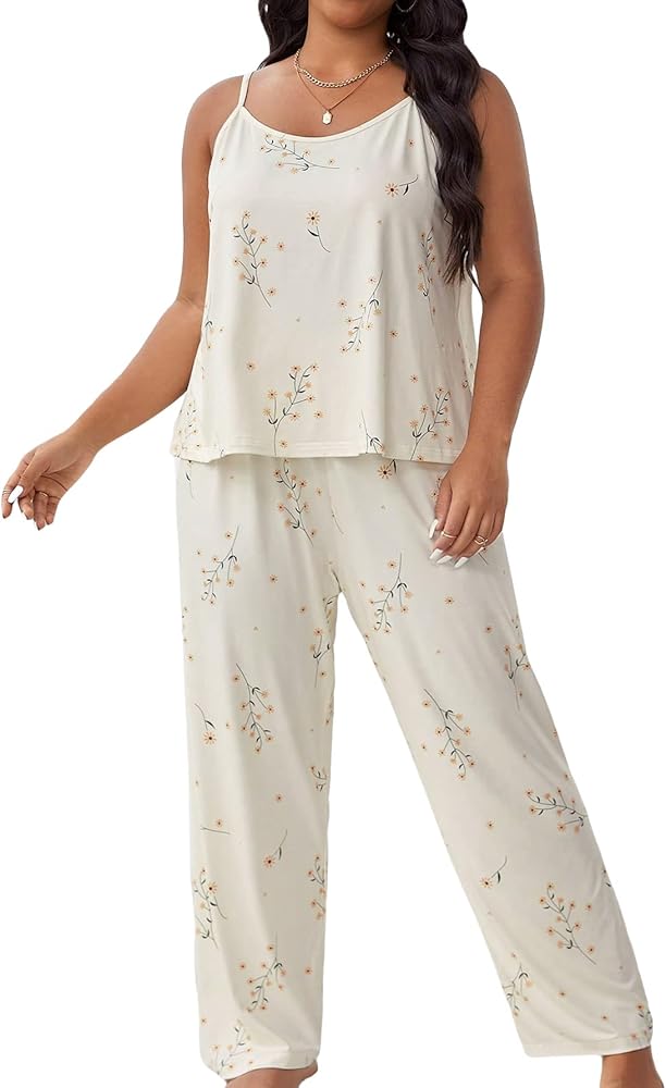 WDIRARA Women's Plus Size Sleepwear Floral Print Sleeveless Cami Top and Pants Pajama Set