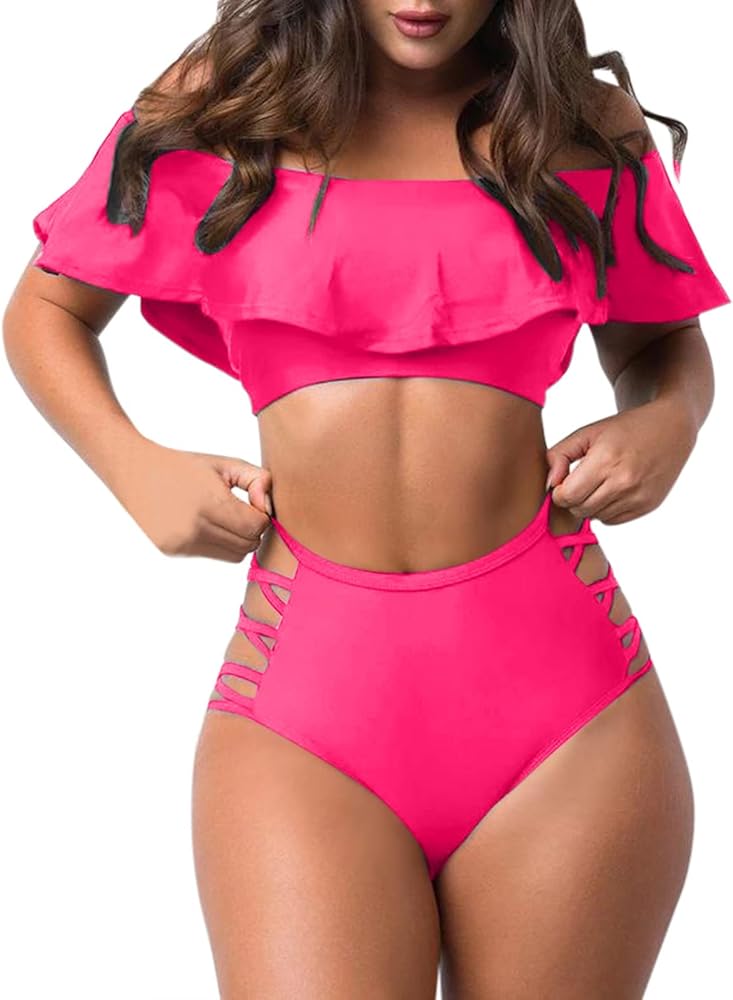 Women's Ruffled Off Shoulder Sexy Tight Solid Color Split Swimwear Swimsuit Beachwear Set Plus Size Tankini top