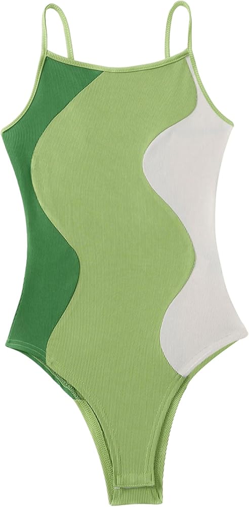 OYOANGLE Women's Color Block Spaghetti Strap Rib knit Cami Bodysuit Tops Summer Thong Bodysuits