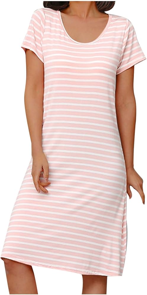 Sleep Shirts for Women Short Sleeve Striped Pajama Dress Nightwear Crewneck Soft Nightgown Sleepwear Dress Tunic Lounge Dress