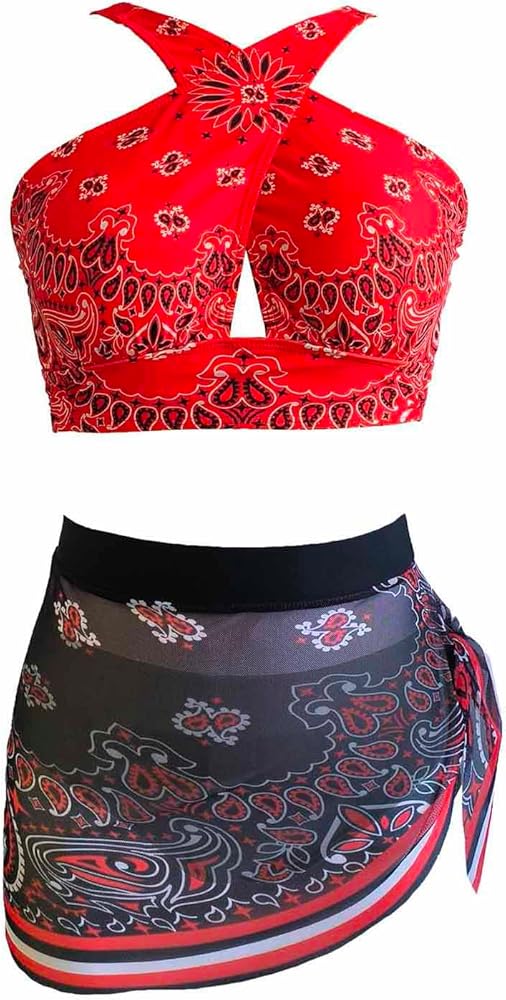 Bikini Sets Women 2 Piece Navel Swimsuit Workout Halter Print High Waist Bathing Suit Hawaiian Beach Short Skirt