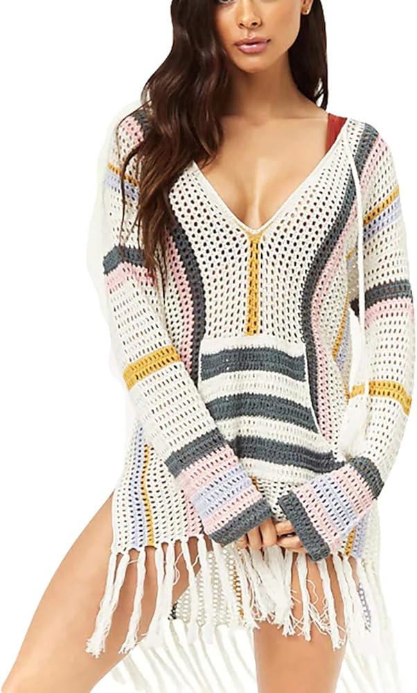 Bsubseach Knitted Crochet Beach Tunic Top Women Long Sleeve Hollow Out Tassel Bikini Swimwear Cover Ups