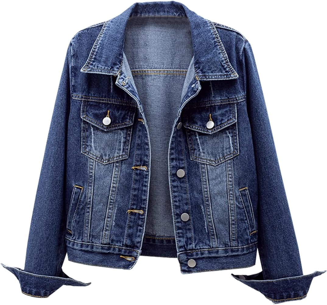 Cyparel Women Basic Denim Jacket Button Down Long Sleeve Distressed Ripped Boyfriend Jean Jacket