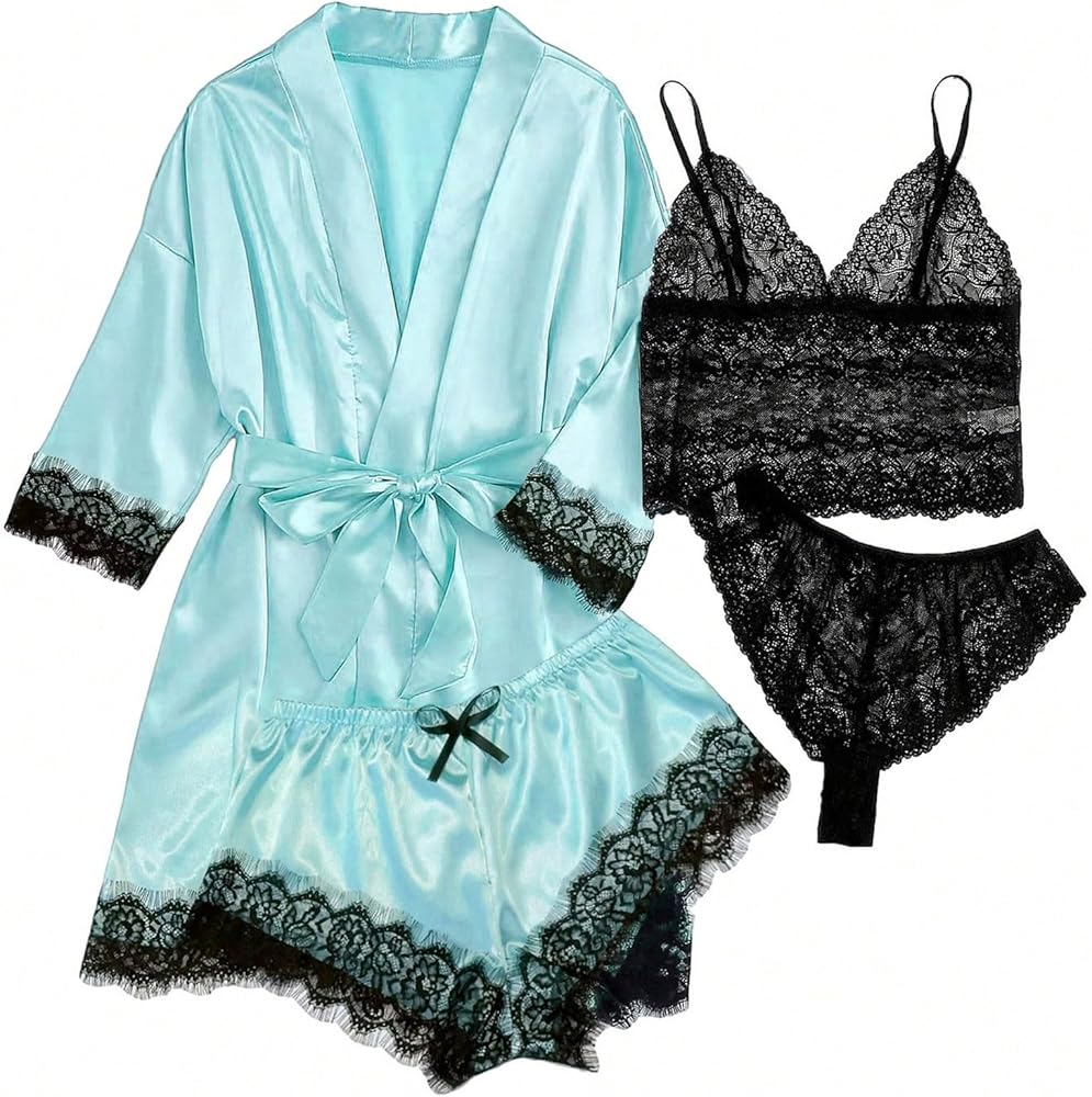 Silk Satin Pajama Sets for Women 4Pcs Pjs Sexy Lace Lingerie Set Nightwear Shorts Pants Outfits Sleepwear Lounge Sets