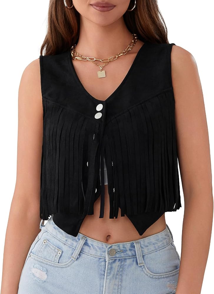 Women's Fringe Cowgirl Vest Front Button Sleeveless Hippie Crop Jacket Retro Open-Front Waistcoat Cowgirl clothes