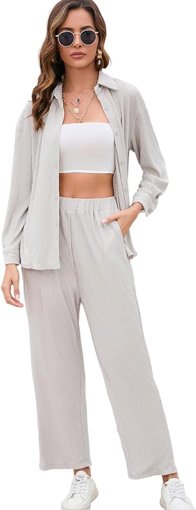 BLUEMING Women Two Piece Casual Outfits Y2K Loungewear Pleated Wide Leg Pants Long Sleeve Button Down Shirt Streetwear Set Light Gray S