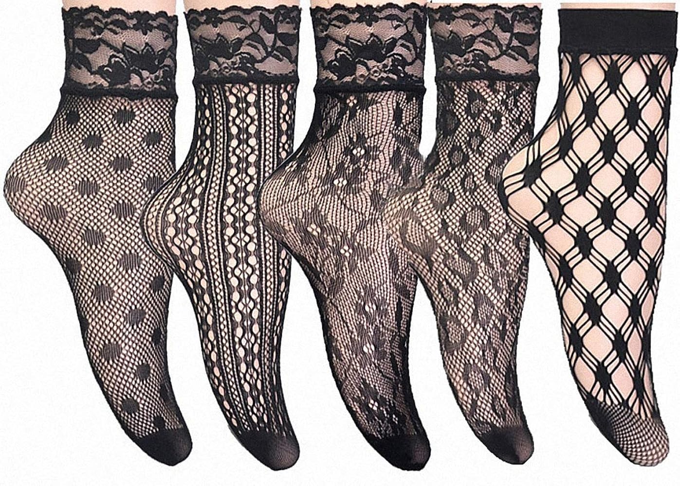 Women Sheer Transparent Lace Embroidery Panel Crystal Sparkly Socks 5 Pack