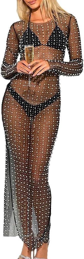 Women Sexy Pearl Mesh Swimwear Cover Up See Through Long Sleeve Sheer Rhinestone Beads Bikini Coverup Beachwear