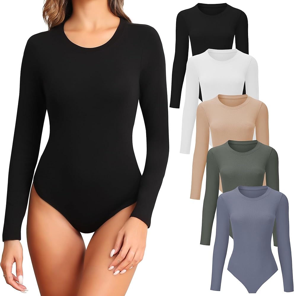 4/5 Pack Long Sleeve Bodysuit for Women Round Neck Casual Basic Stretchy Body Suits Tops