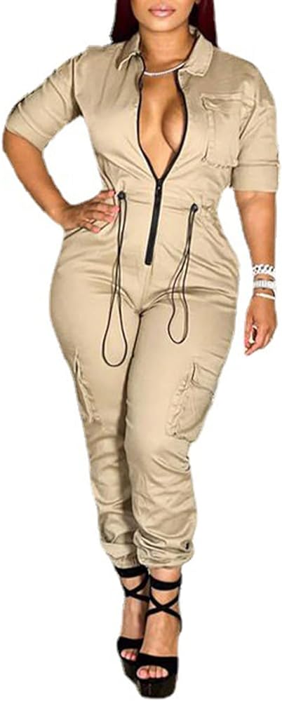 Women's Sexy Bodycon Cargo Jumpsuits Long Sleeve Zip Up Romper One Piece Outfit Bodysuit