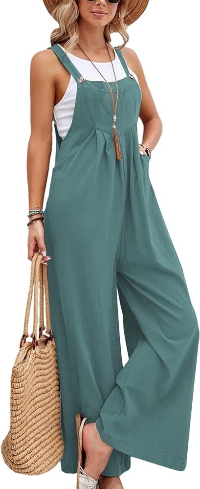 Mingzhu Casual Sleeveless Jumpsuits for Women Wide Leg Long Baggy Overalls with Pockets