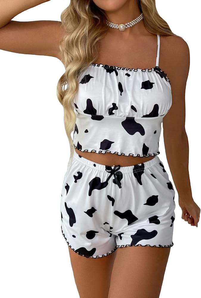 WDIRARA Women's 2 Piece Sleepwear Satin Cow Print Crop Cami Top and Shorts Summer Pajama Set