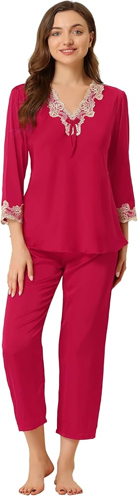 Allegra K Women's Satin Sleepwear Night Suit V Neck Lace Nightwear Lounge Pajama Set