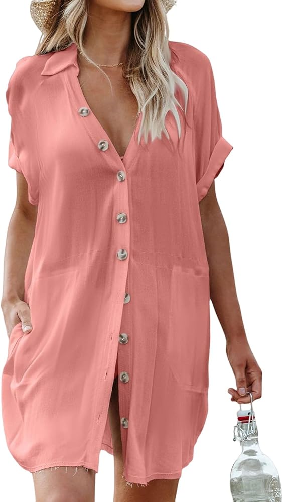 Womens Bathing Suit Cover Ups Bikini Swimsuit Coverup Summer Button Down Beach Dress Shirt Beachwear with Pockets