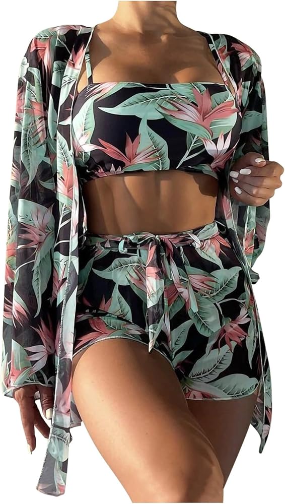 Womens 3 Piece Swimsuit Hawaiian Tropical Floral Print Bikini Set Bathing Suit with Beach Cover Ups Summer Lounge Set