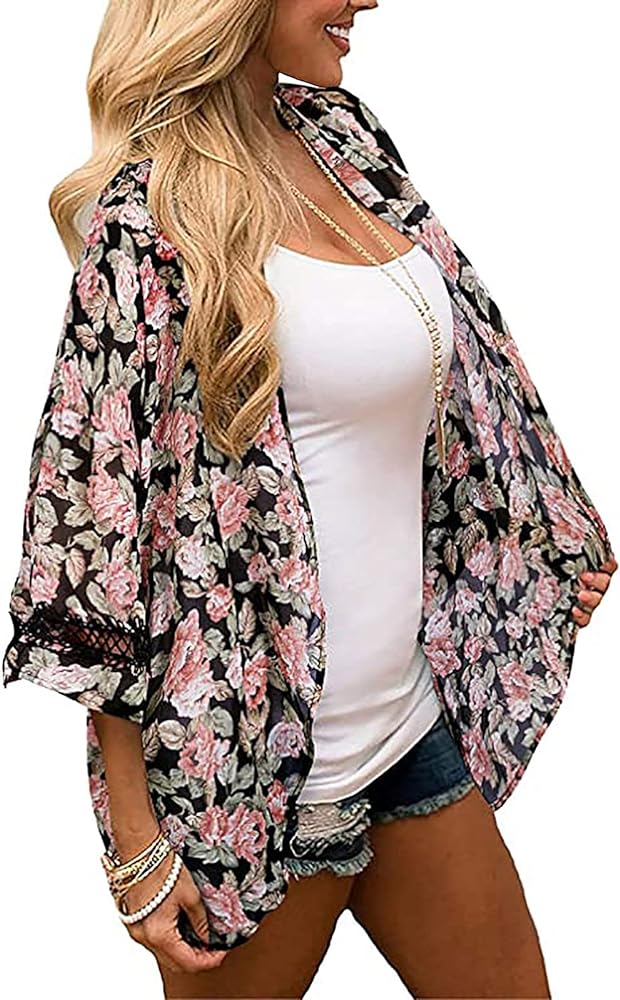 Womens Cover Ups Chiffon Cardigan Floral Kimono Loose Blouse Sun Protection Shirt Beach Rash Guards