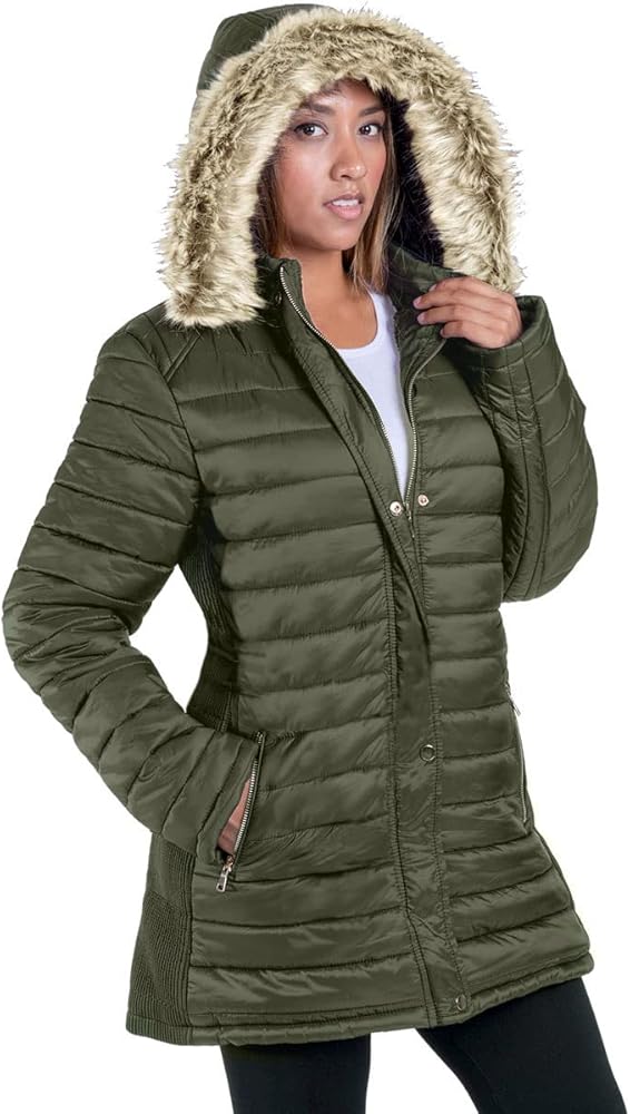 Facitisu Womens Winter Warm Jacket Long Down Faux Fur Hooded Quilted Sherpa Lined Coat