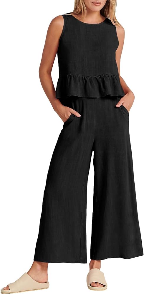 Women's Summer 2 Piece Outfits Sleeveless Ruffle Tank Crop Top & Wide Leg Pants Shorts Lounge Set with Pockets Rompers Suits