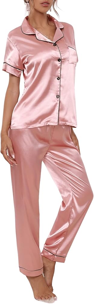 WDIRARA Women's 2 Piece Satin Pajamas Floral Silk Short Sleeve Button Down Shirt and Pants Pajama Pj Set