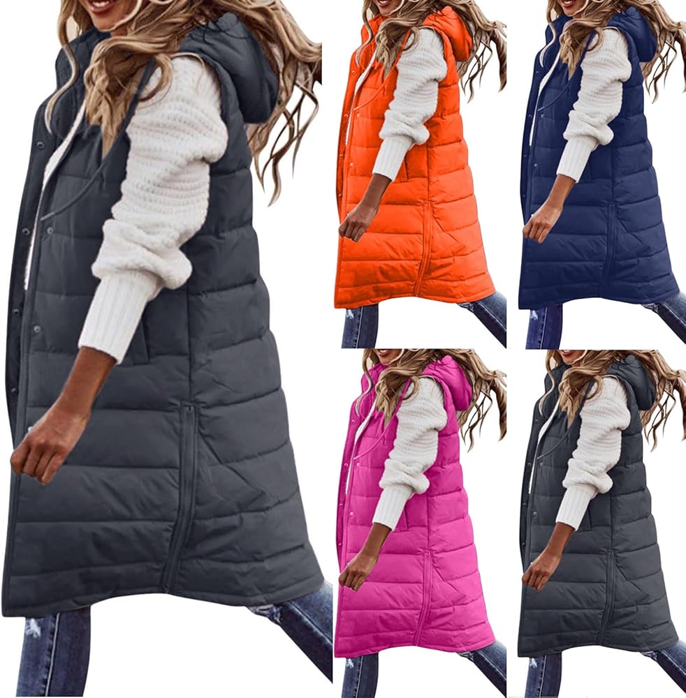 SHOPESSA Womens Warm Winter Coat Drawstring Hooded Puffer Coat Long Length Thickened Down Vest Coat Snow Jackets for Women