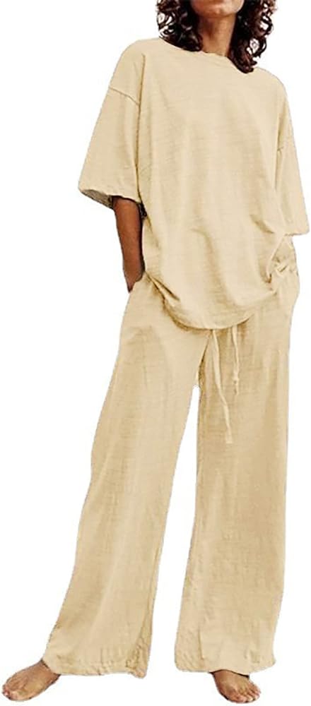 Linen Set for Women Two Pieces Summer Short Sleeve Tops and Pants Pants Sets 2 Piece Cotton Outfits Dressy