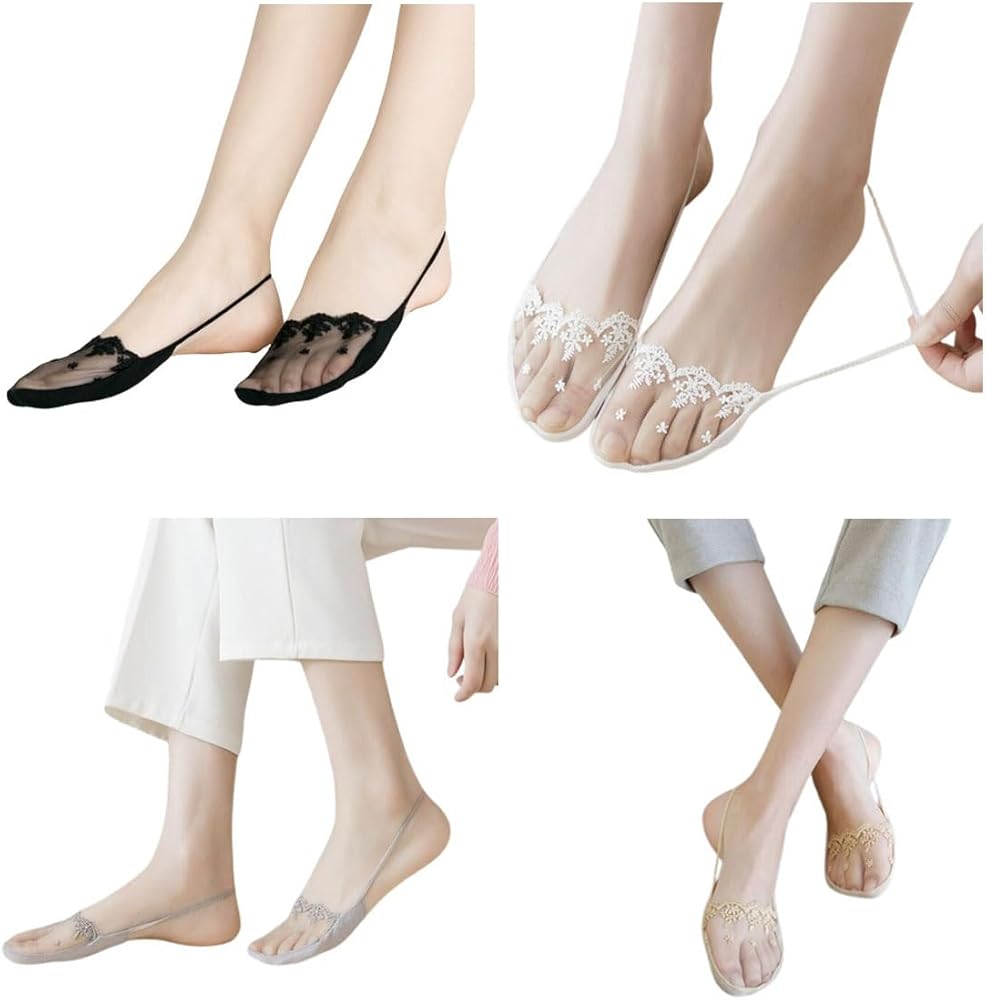 4 Pair Womens Low Cut Socks Slingback Half-Palm No Show Sock with Sling and Lace Invisible Half Toe Topper Liner Covers for Heels