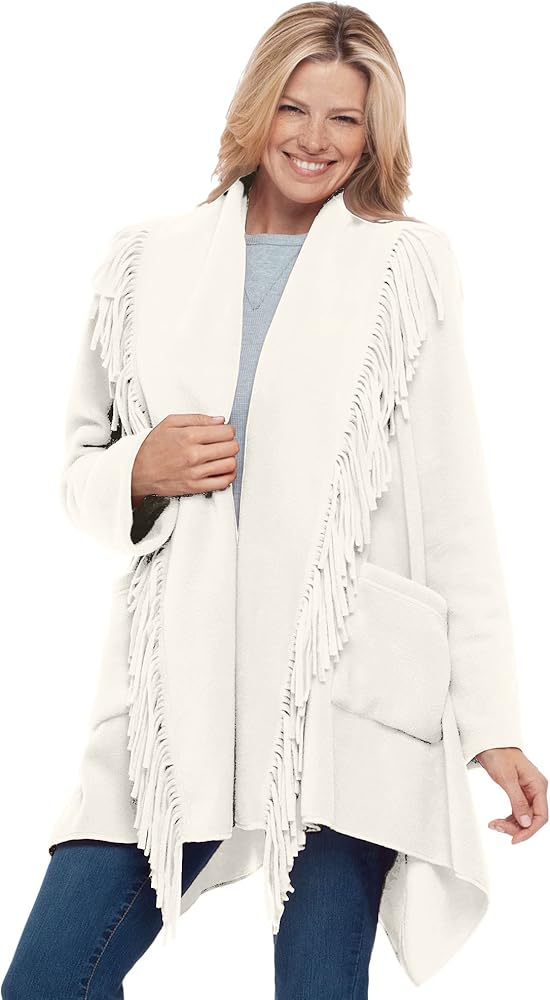 Woman Within Women's Plus Size Fringed Shawl Collar Fleece Jacket