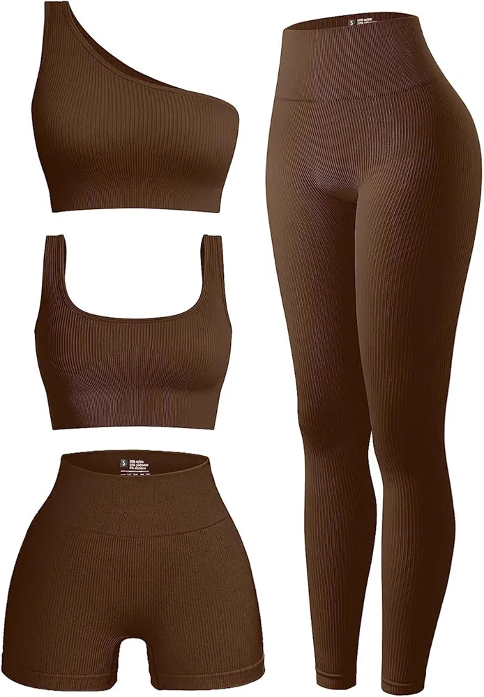 Women's 4 Piece Outfits Ribbed Exercise Scoop Neck Sports Bra One Shoulder Tops High Waist Shorts Leggings Active Set (Color : Coffee, Size : Medium)