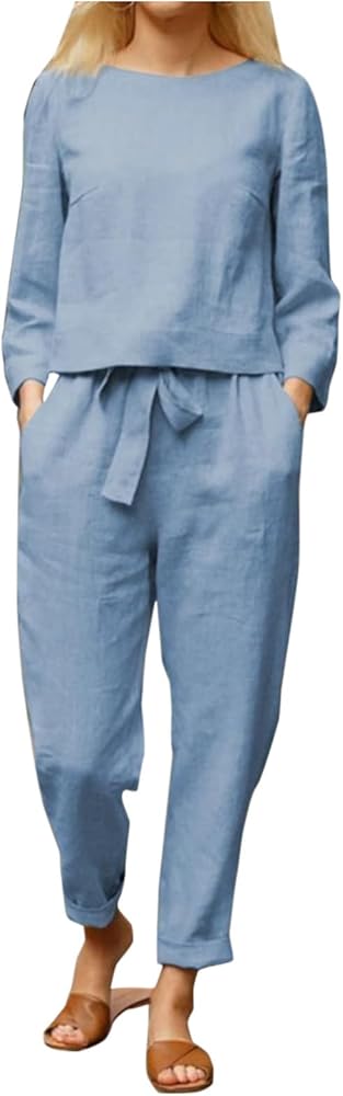 Women's Solid Color Cotton Linen Loose Top And Drawstring Cotton Linen Long Pants Set jogger sets for women 2