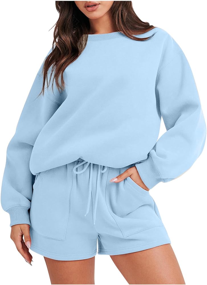 Sweatshirt Sets for Women 2 Piece Shorts Oversized Tacksuit Set Sport Shorts with Pockets 2023 Trendy Outfits Light Blue Sweatshirt Set m