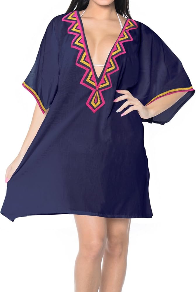 LA LEELA Women's Beachwear Summer Short Party Swimsuit Cover ups Beach Dress L-XL Navy, Solid