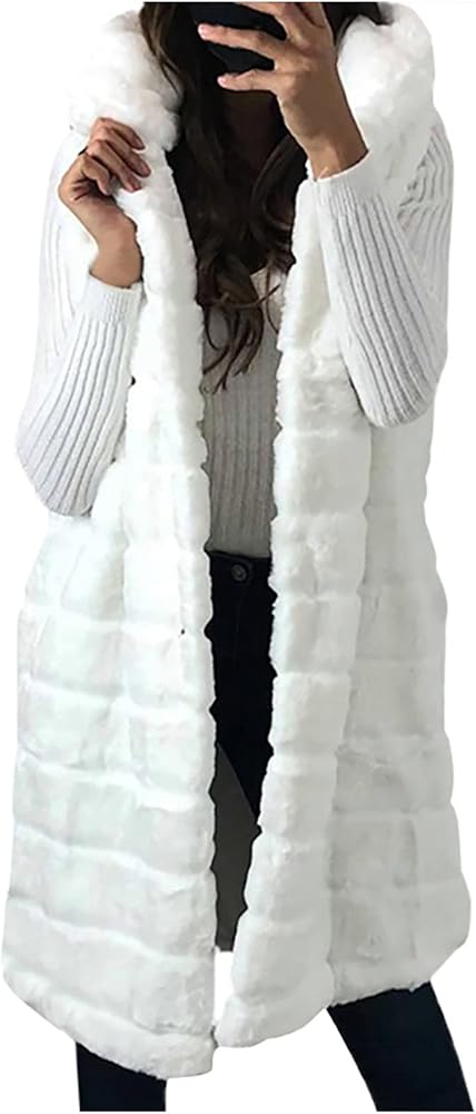 Women's Sherpa Fleece Vest Hoodie Waistcoat Vintage Body Fall Winter Warmer Jacket Faux Fur Gilet Casual Lightweight Sleeveless Hooded Coat Outwear(White XL)