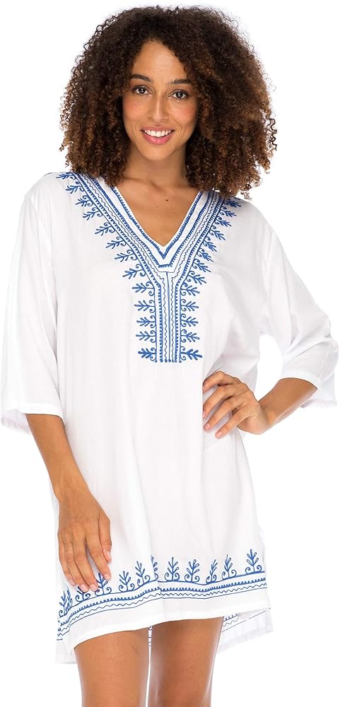 Back From Bali Womens Boho Embroidered Swimsuit Cover Up Loose Fit Casual Tunic Top Dress Resort Wear