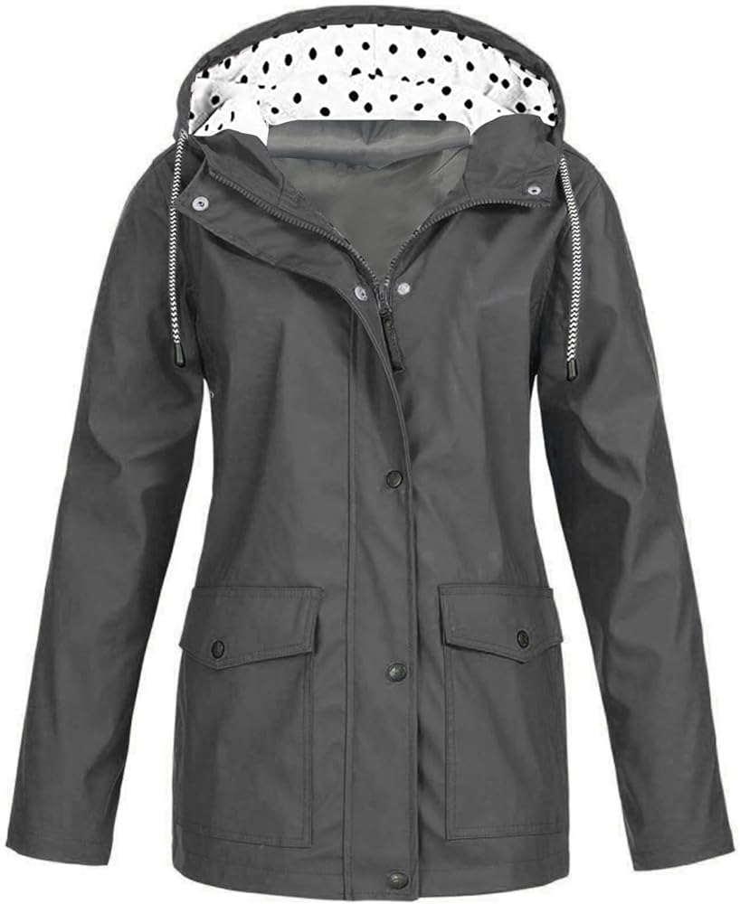 Women's Raincoats With Hood Lightweight Outdoor Waterproof Windbreaker Solid Trench Coat Jacket Plus Size, S-5XL