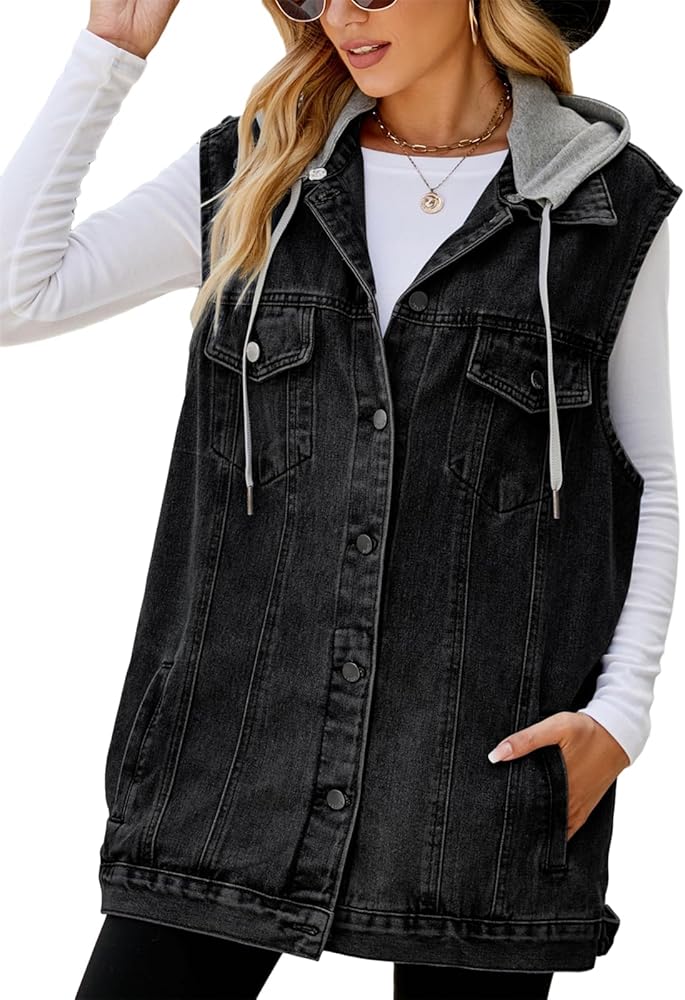 hathne Women's Oversized Denim Vest Sleeveless Jean Jacket Vest with Hood Button Down Long Waistcoat with Pockets Streetwear(Hood Black,3X-Large)