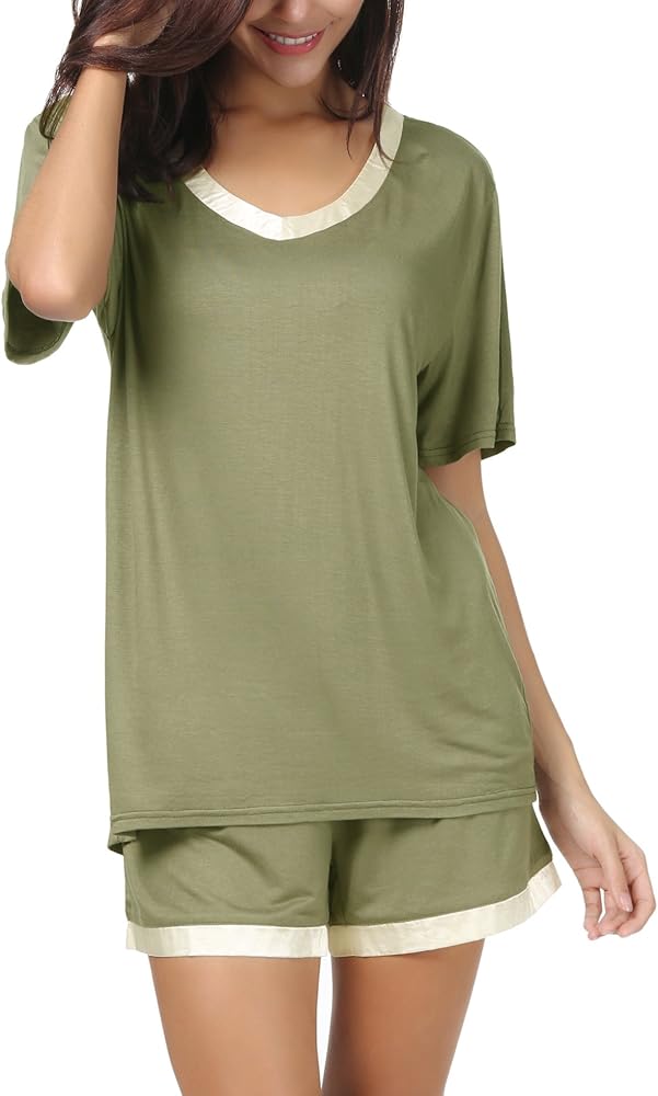 Invug Women Nightwear Short Sleeve Shirt and Shorts Pajama Set V Neck Sleepwear