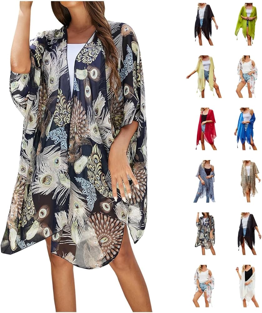 Boho Bathing Suit Cover Ups Womens Floral Kimono Print Cardigan Sheer Swimsuit Coverup Loose Casual Beach Resort Wear