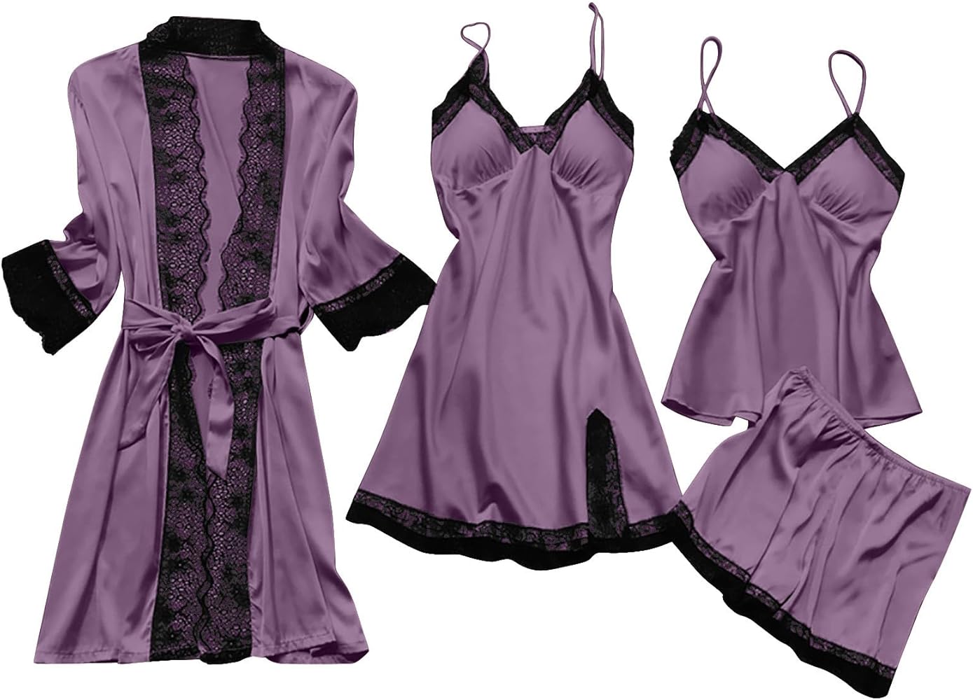 Womens Pajama Sets Soft Sexy Plus Size Pajamas Set 4Pcs Sleepwear Satin Floral Lace Trim Cami Pajama Set with Robe