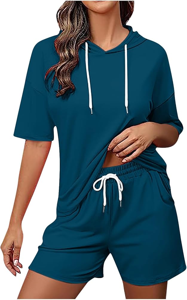 Women's Tracksuit 2 Piece Hooded Athletic Sweatsuit Short Sleeve Casual Sports Hoodie and Drawstring Shorts Set