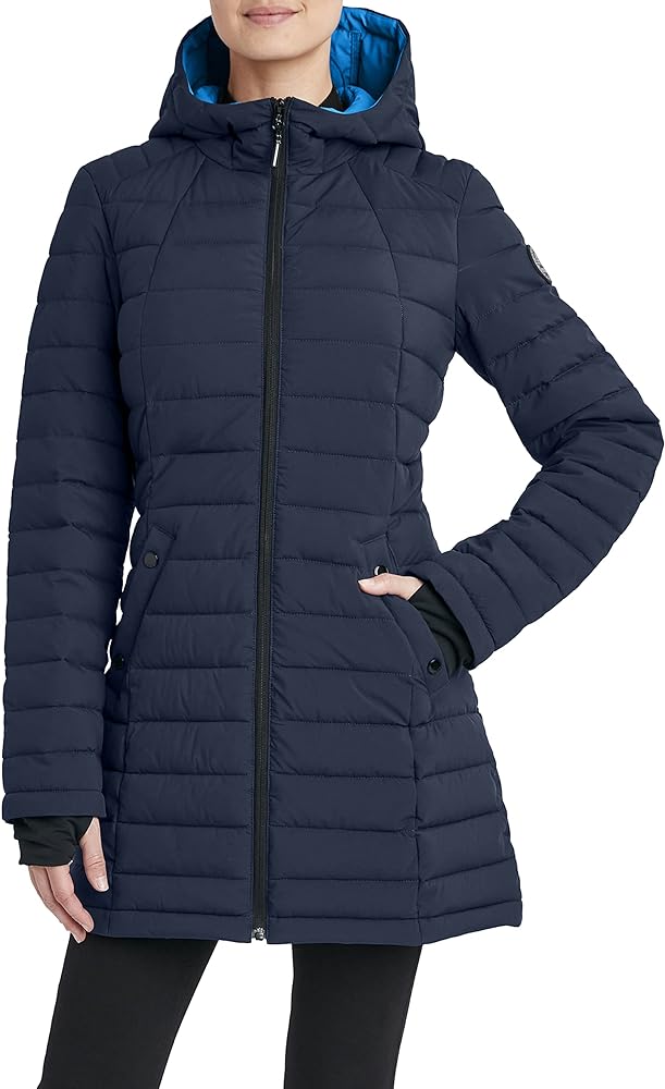 Women's Stretch 3/4 Lightweight Puffer Jacket Welt Hand Pockets Knit Cuff with Thumbhole Water Resistant 32" Coat