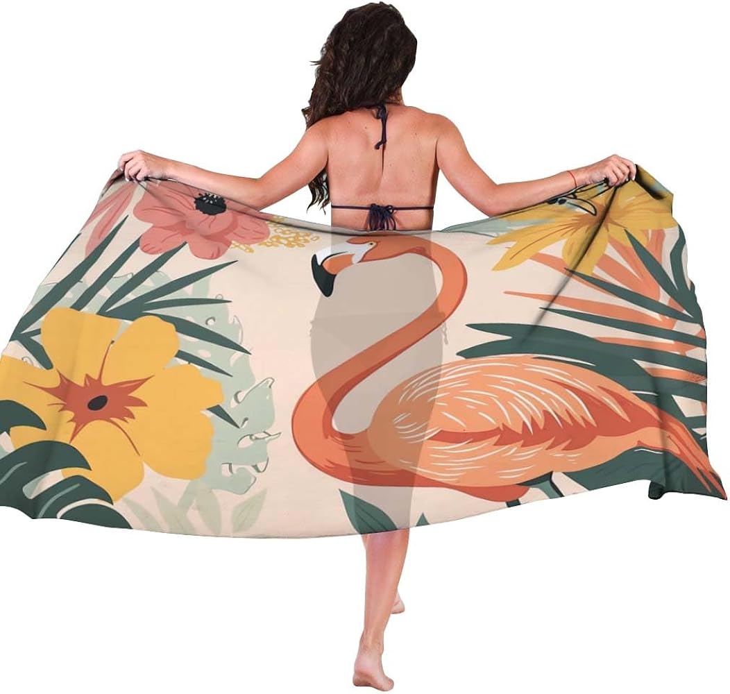 Womens Flamingo Sarong Swimsuit Cover Up, Beach Cover Ups for Women, Chiffon Flamingo Bathing Suit Pareo N07