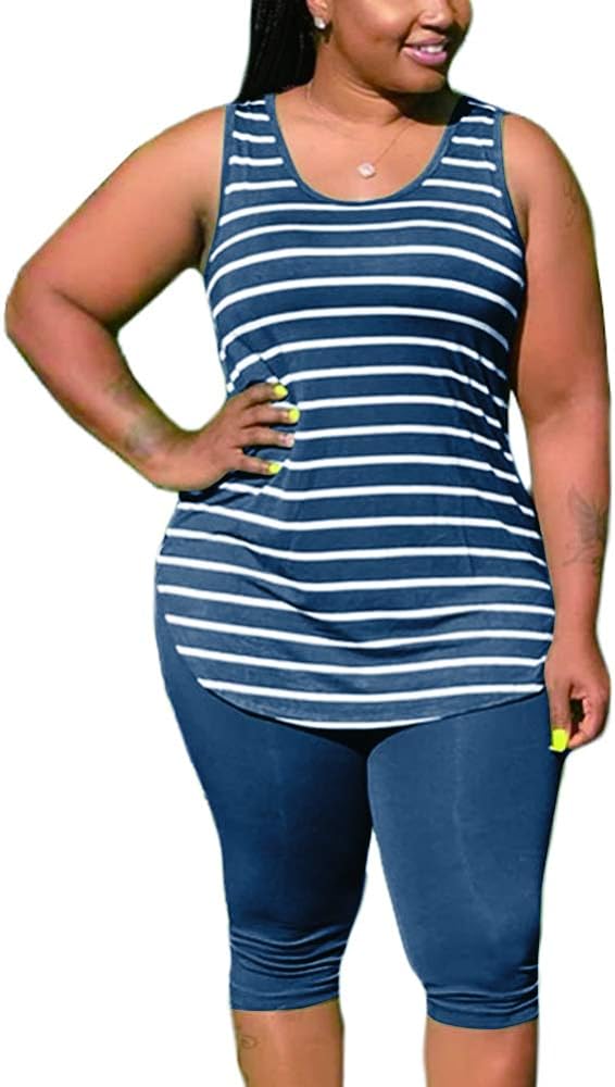 Women's Plus Size Stripe Sets - Tank T-Shirt Tops + Elastic Shorts 2 Piece Casual Sportswear