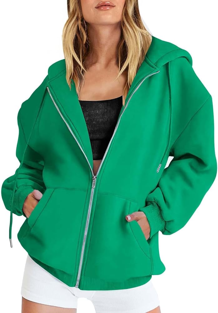 Fall Sweatshirts for Women Full Zip Long Sleeve Hooded Drawstring Oversized Fleece Jacket with Pockets