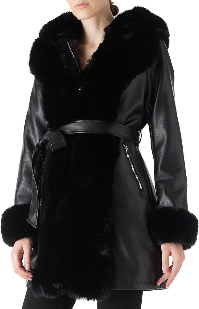 RISISSIDA Women Faux Leather Fur-lined Jacket with Hood and Fur Collar Winter Fashion,Thicken Thermal Heavy Overcoat Belted