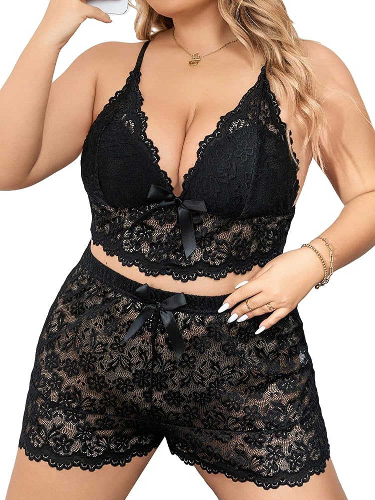 WDIRARA Women's Plus Size Sleepwear Floral Lace V Neck Bow Front Cami Top and Shorts Pajama Set