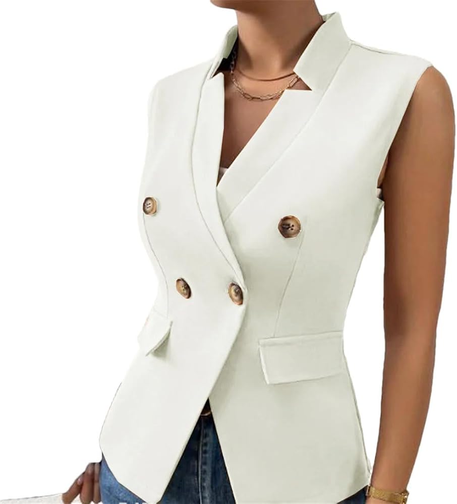 Women's V Neck Double Breasted Vest Jacket Fashion Casual Vest Jacket