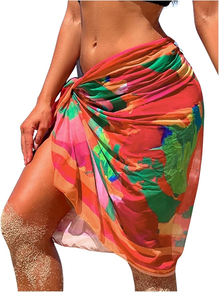 MakeMeChic Women's Knot Wrap Side Beach Sarong Printed Swimsuit Cover Up Skirt