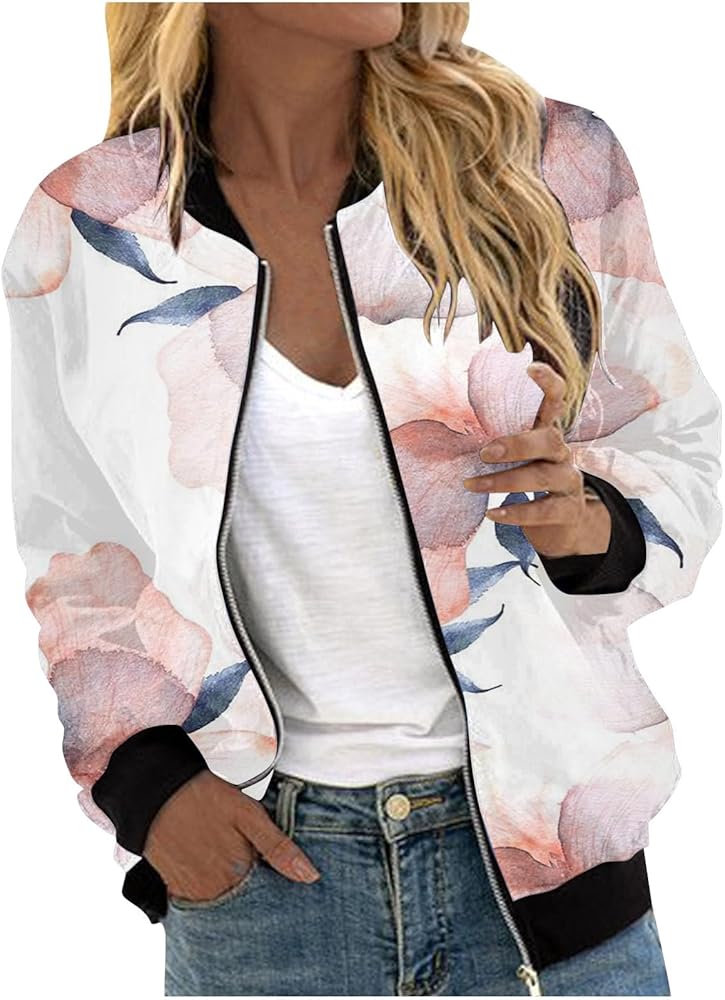 Women's Cropped Zip-Up Bomber Jackets Pocket Jacket Blouse Coat Baseball Top Full Zip Windbreaker Fall Jacket