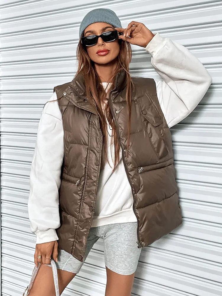 Women's Jackets -Jackets Drawstring Waist Zipper Vest Puffer Coat Women for Jackets (Color : Coffee Brown, Size : X-Large)